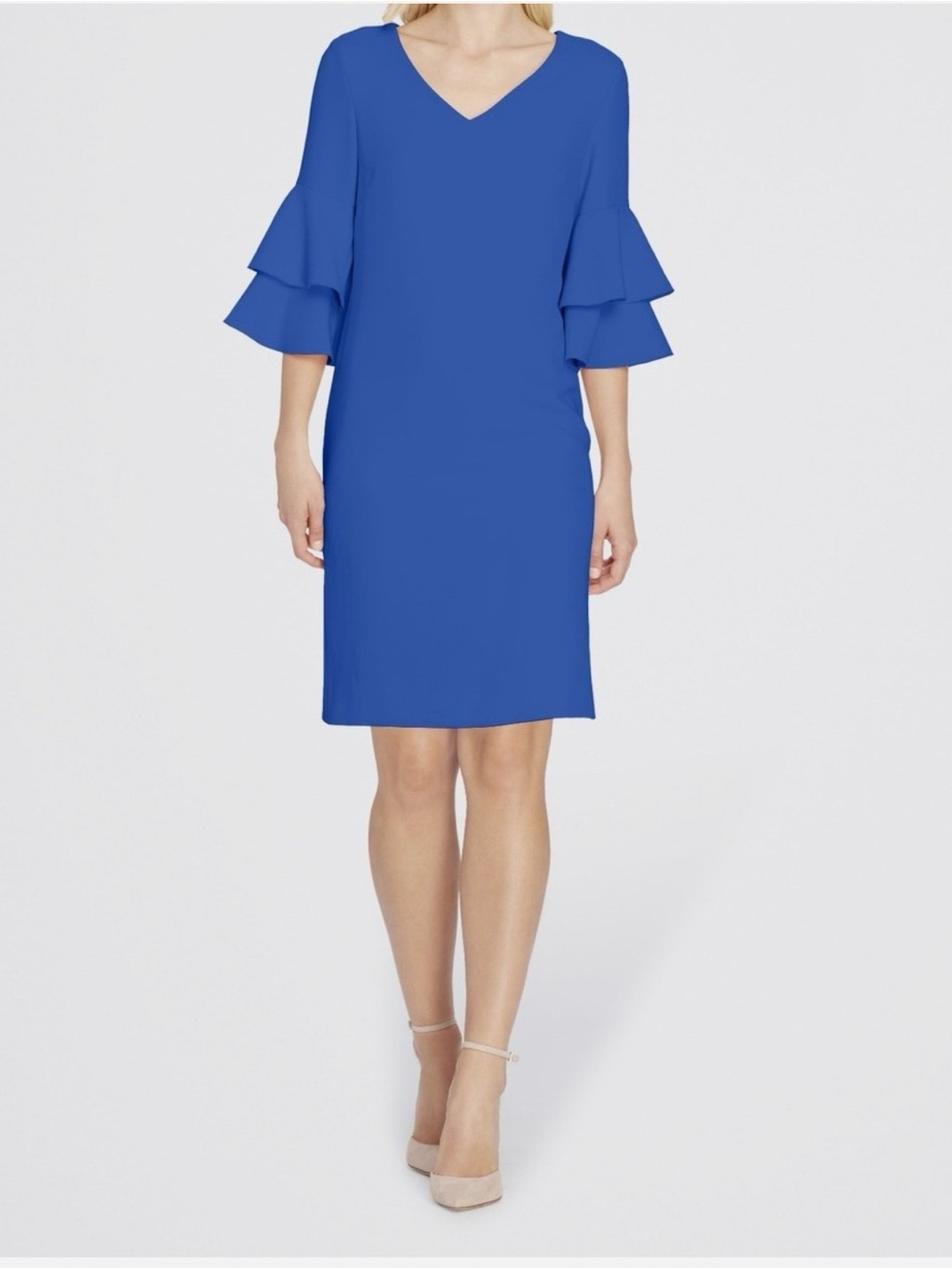 Tahari ASL Cobalt V-Neck Midi Dress with Tiered Ruffle Sleeves